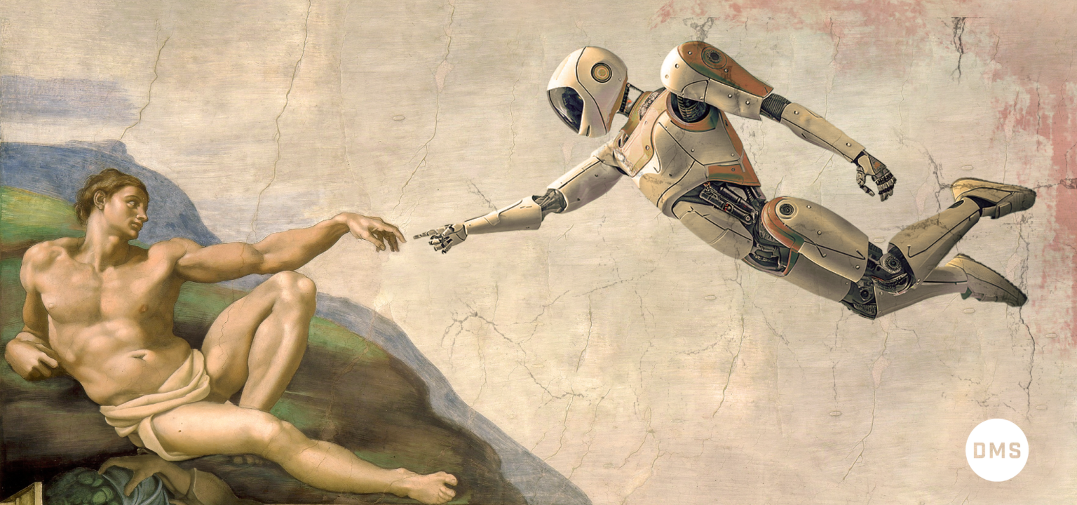An AI generated bespoke image showcasing the collaboration between humans and AI, giving a playful twist on the world-famous The Creation of Adam painting