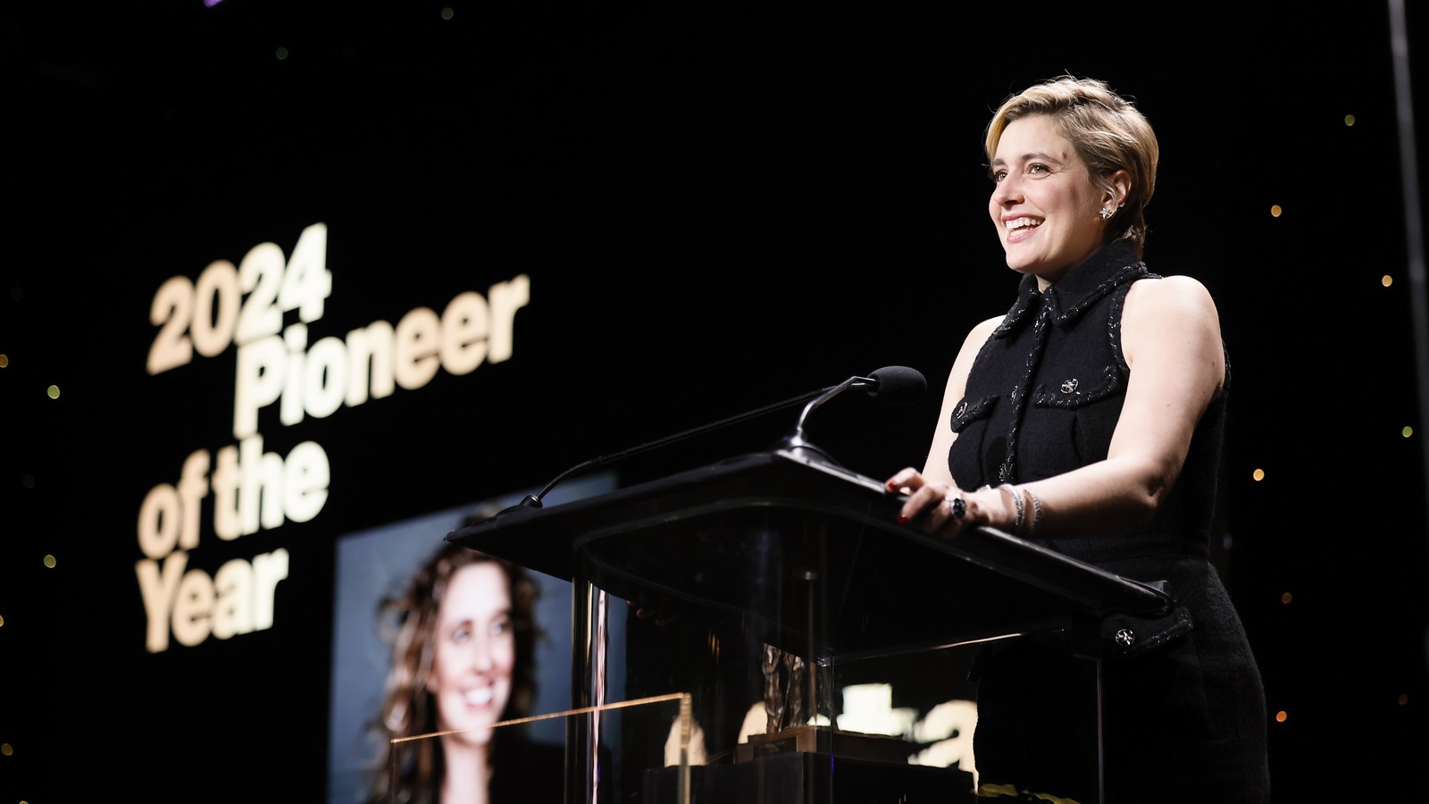 Greta Gerwig receiving the 2024 Pioneer of the Year Award